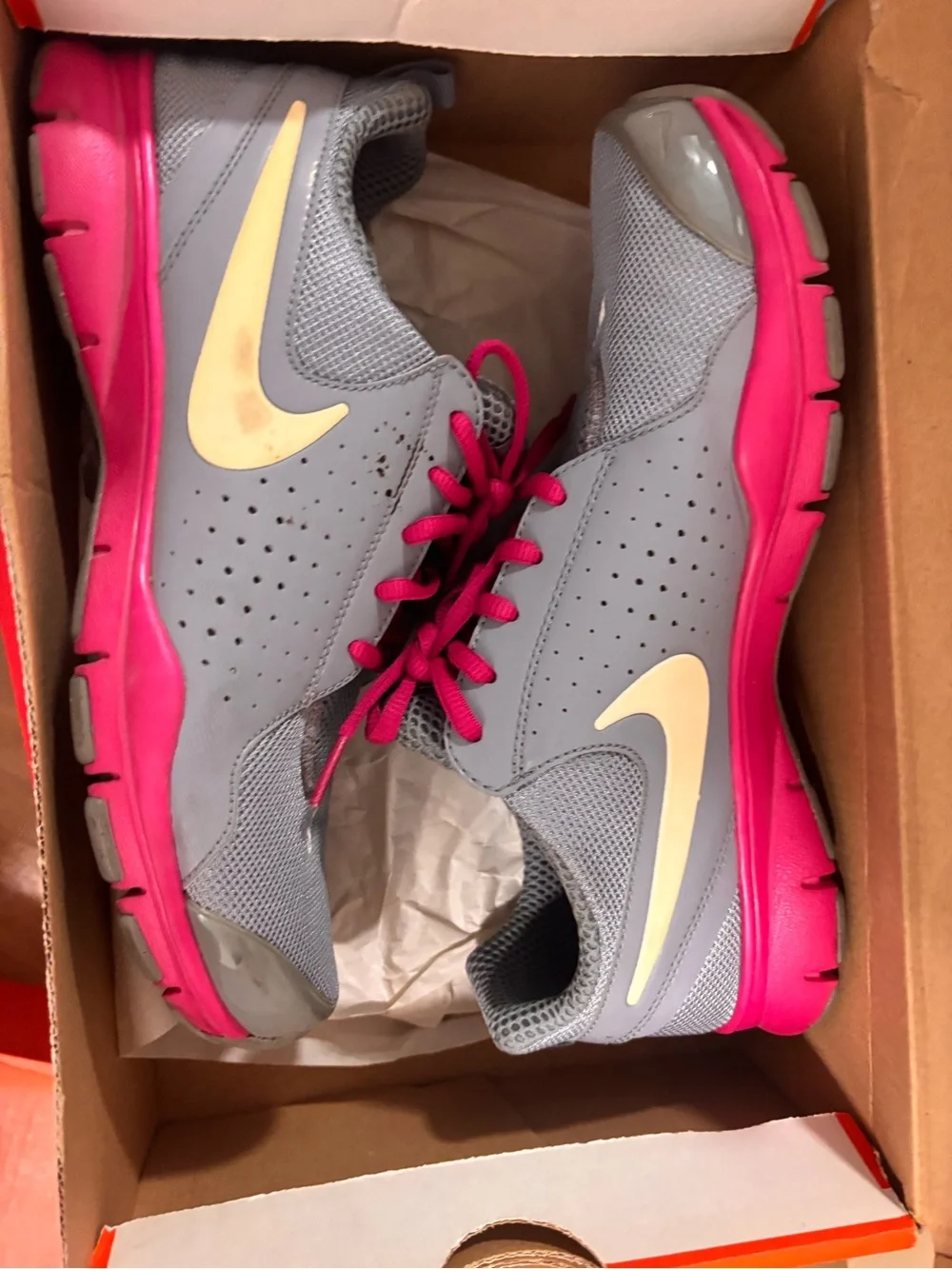 Nike Gray Sneakers with Pink Soles and Cream Swoosh